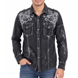 Pop Icon Clothing Mens Black Acid Wash Embroidered Western Snap Shirt M